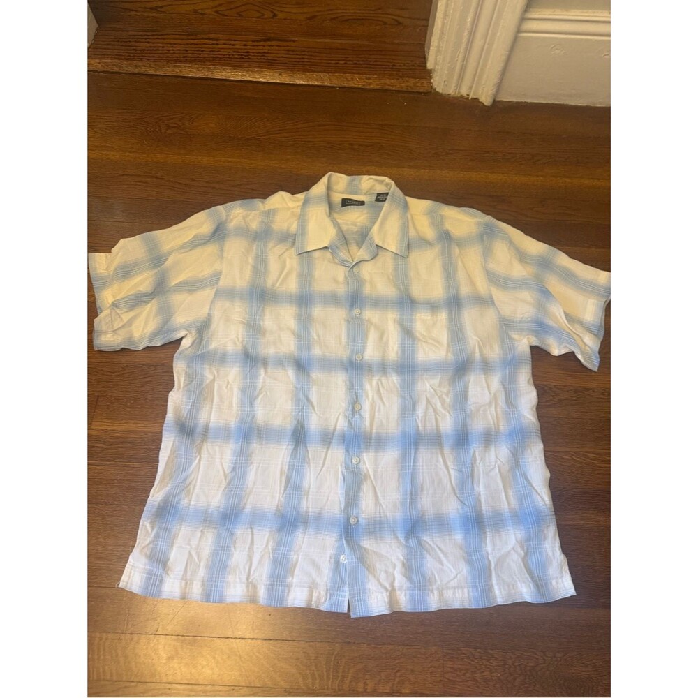 Haggar Light Blue and White Plaid Shirt XL Preppy Graph Check Casual